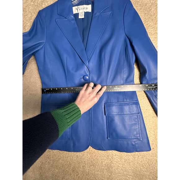 Vtg Y2K Bright Blue Genuine Leather Blazer Jacket Women's Sz 10 2 Button Peplum - Picture 16 of 16